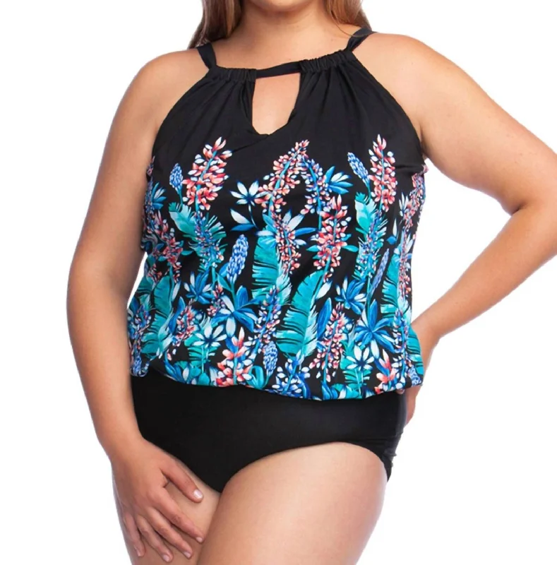 High Neck Keyhole Blouson One Piece Swimsuit - Plus Size In Prairie Dreams