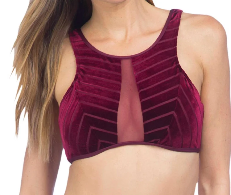 Stripe Mesh High Neck Bikini Top In Burgundy Velvet