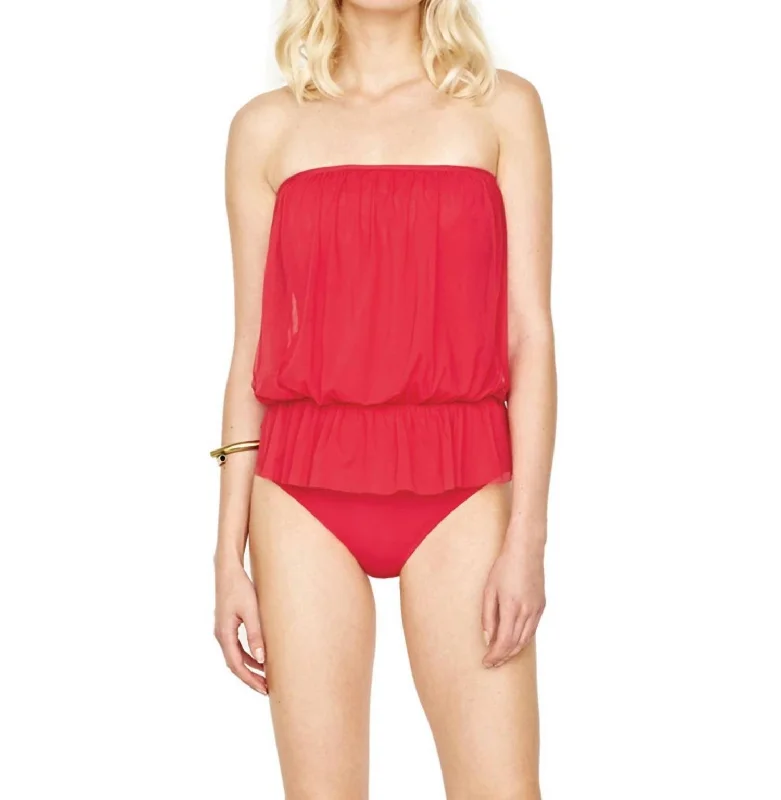 Mesh Blouson Bandeau One Piece Swimsuit In Lattice Red