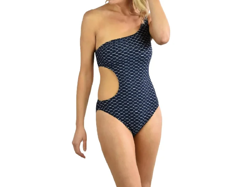 Wave Stretch Jacquard One Shoulder Tank One Piece In Navy/white