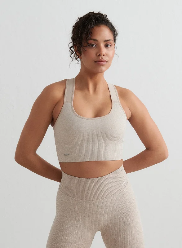 Beige High Support Ribbed Bra