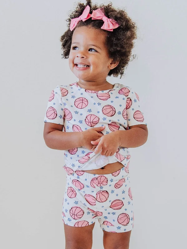 Cloud Fitted Short Set Pajamas - Pink Basketballs