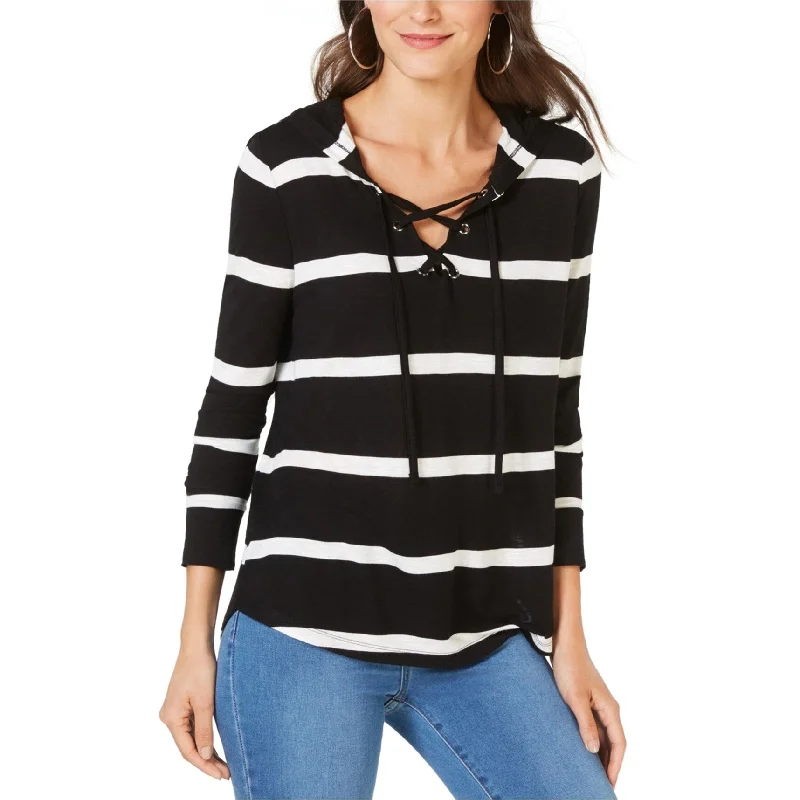 I-N-C Womens Striped Hoodie Sweatshirt, Black, Medium