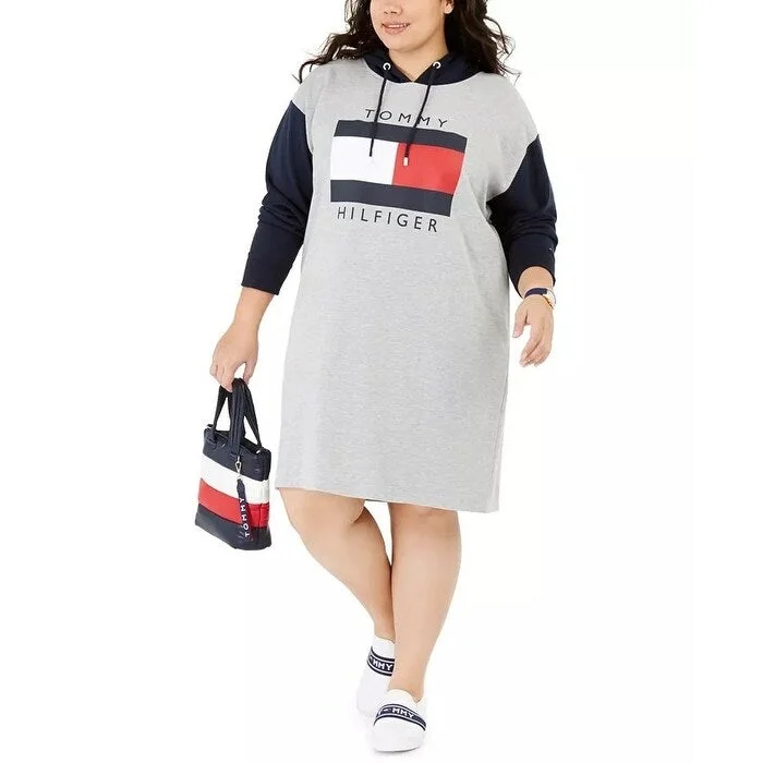 Tommy Hilfiger Women's Plus Size Colorblocked Hoodie Sweatshirt Dress Gray Size 3X